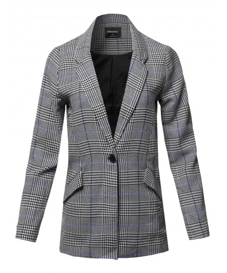 Women's Casual Long Sleeve Notched Collar Check Woven Blazer Jacket