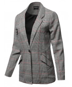 Women's Casual Long Sleeve Notched Collar Check Woven Blazer Jacket