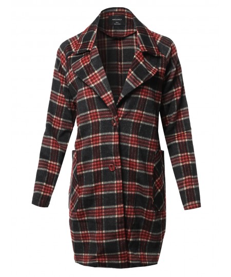 Women's Casual Long Sleeve Plaid Pattern Long Coat Jacket