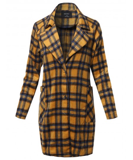 Women's Casual Long Sleeve Plaid Pattern Long Coat Jacket