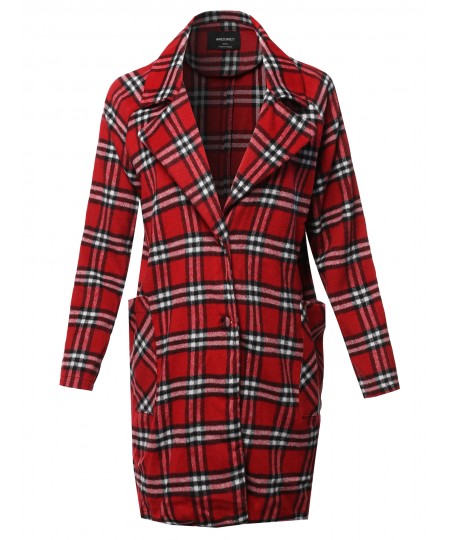 Women's Casual Long Sleeve Plaid Pattern Long Coat Jacket
