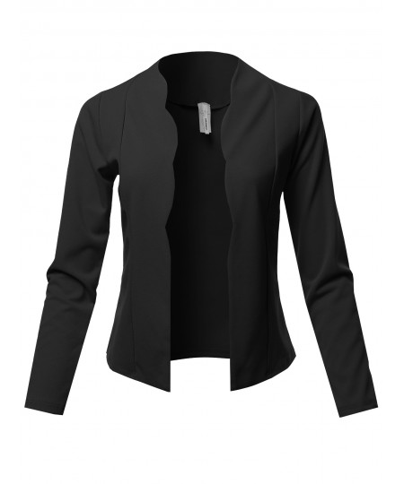 Women's Casual Cropped Fitted Blazer With Open Front Closure And Scalloped Detail