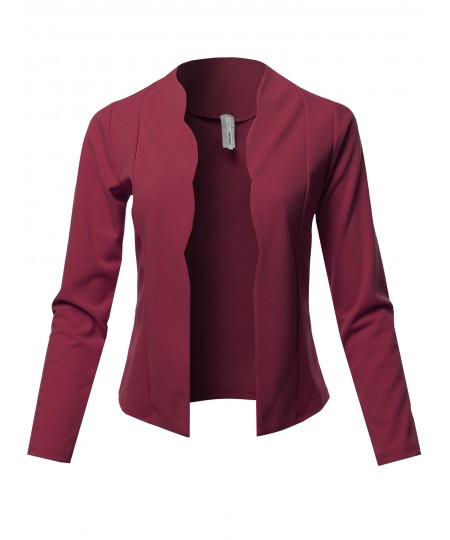 Women's Casual Cropped Fitted Blazer With Open Front Closure And Scalloped Detail