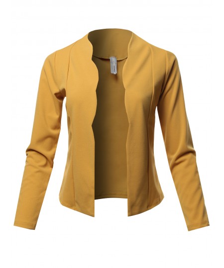 Women's Casual Cropped Fitted Blazer With Open Front Closure And Scalloped Detail