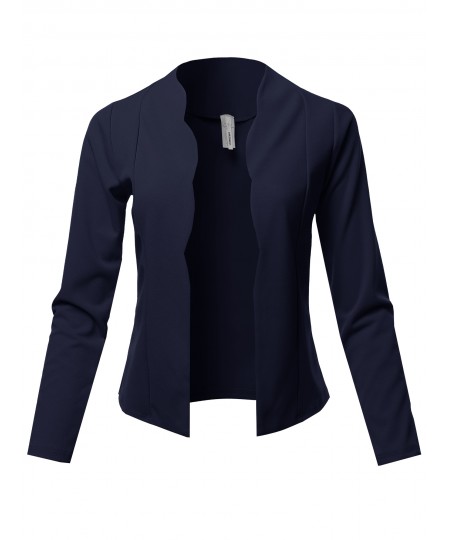 Women's Casual Cropped Fitted Blazer With Open Front Closure And Scalloped Detail