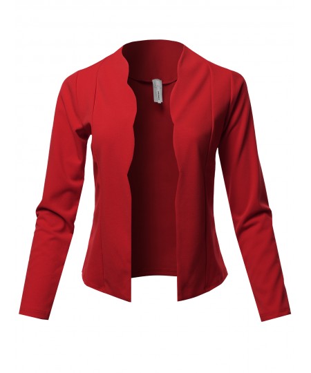 Women's Casual Cropped Fitted Blazer With Open Front Closure And Scalloped Detail