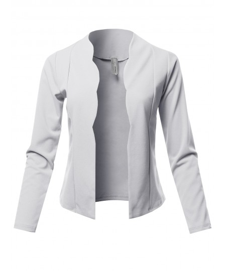 Women's Casual Cropped Fitted Blazer With Open Front Closure And Scalloped Detail