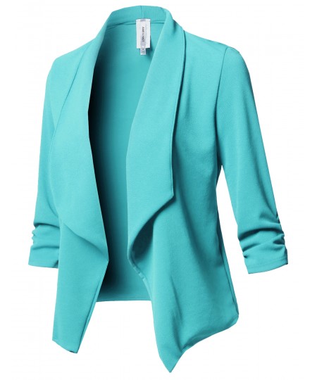 Women's Solid Stretch 3/4 Gathered Sleeve Open Blazer Jacket