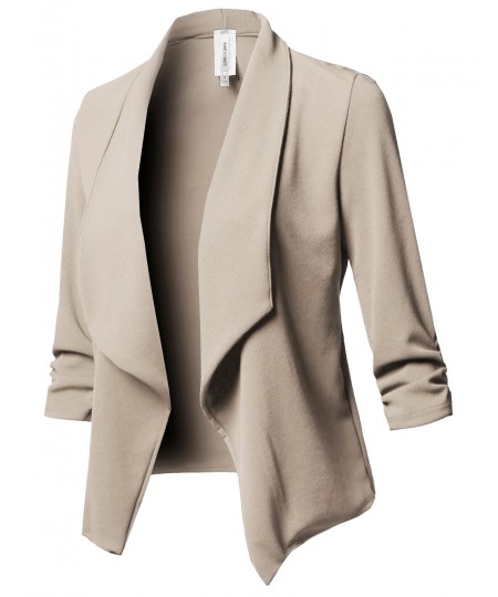 Women's Solid Stretch 3/4 Gathered Sleeve Open Blazer Jacket