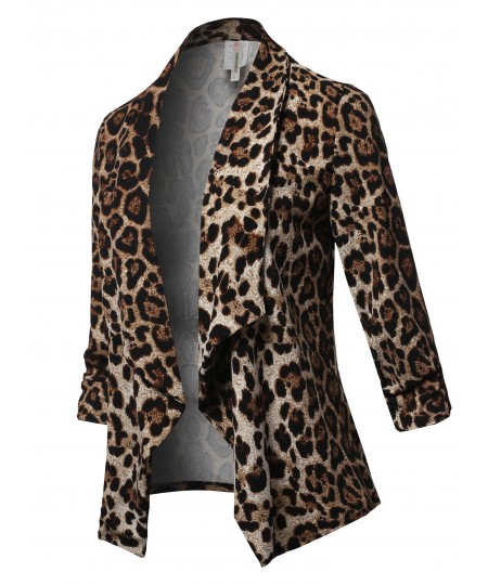 Women's Solid Stretch 3/4 Gathered Sleeve Open Blazer Jacket