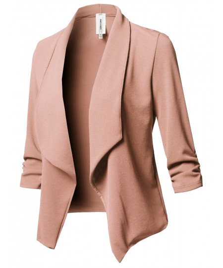 Women's Solid Stretch 3/4 Gathered Sleeve Open Blazer Jacket