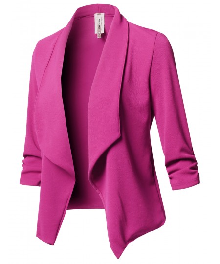 Women's Solid Stretch 3/4 Gathered Sleeve Open Blazer Jacket