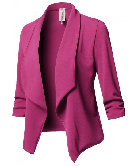 Women's Solid Stretch 3/4 Gathered Sleeve Open Blazer Jacket