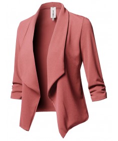 Women's Solid Stretch 3/4 Gathered Sleeve Open Blazer Jacket