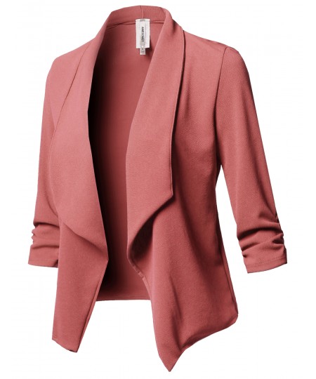 Women's Solid Stretch 3/4 Gathered Sleeve Open Blazer Jacket