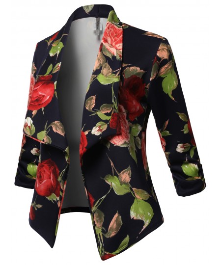 Women's Solid Stretch 3/4 Gathered Sleeve Open Blazer Jacket