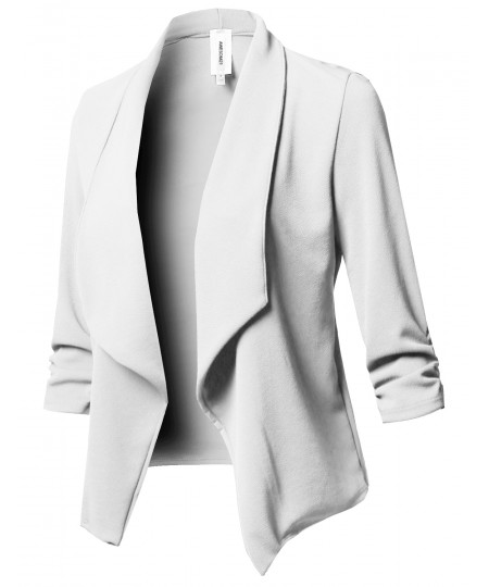 Women's Solid Stretch 3/4 Gathered Sleeve Open Blazer Jacket