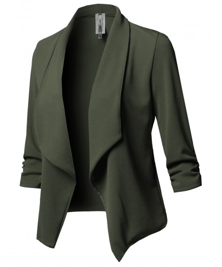 Women's Solid Stretch 3/4 Gathered Sleeve Open Blazer Jacket