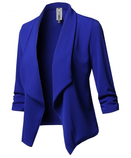 Women's Solid Stretch 3/4 Gathered Sleeve Open Blazer Jacket