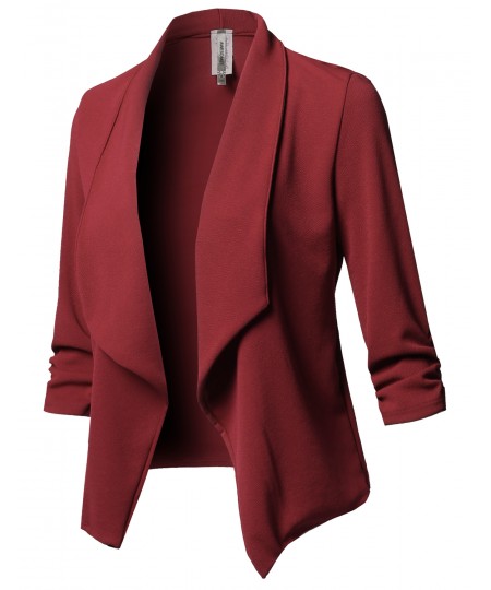 Women's Solid Stretch 3/4 Gathered Sleeve Open Blazer Jacket