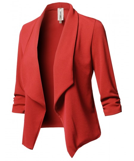 Women's Solid Stretch 3/4 Gathered Sleeve Open Blazer Jacket