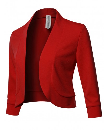 Women's Solid 3/4 Sleeves Open Front Bolero Blazer - Made In USA
