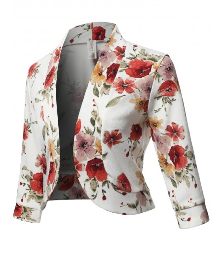 Women's Floral Print 3/4 Sleeves Open Front Bolero Blazer - Made in USA