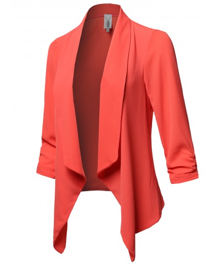 Women's Solid Lightweight 3/4 Ruched Sleeves Thin Cardigan Blazer