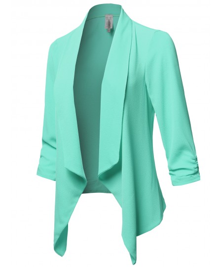 Women's Solid Lightweight 3/4 Ruched Sleeves Thin Cardigan Blazer