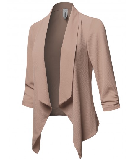 Women's Solid Lightweight 3/4 Ruched Sleeves Thin Cardigan Blazer