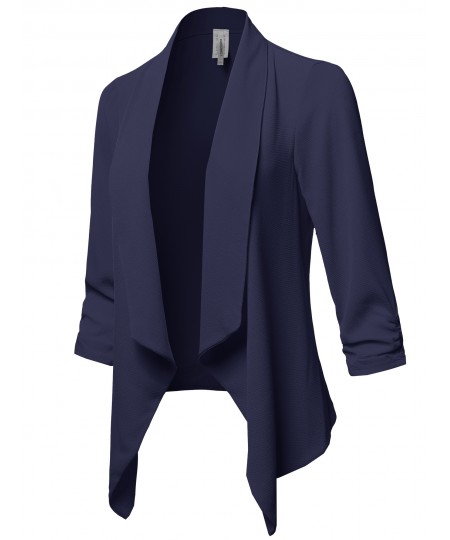 Women's Solid Lightweight 3/4 Ruched Sleeves Thin Cardigan Blazer