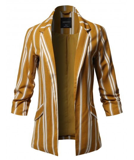 Women's Pinstripe 3/4 Sleeves Notched Collar Blazer Jacket