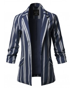 Women's Pinstripe 3/4 Sleeves Notched Collar Blazer Jacket