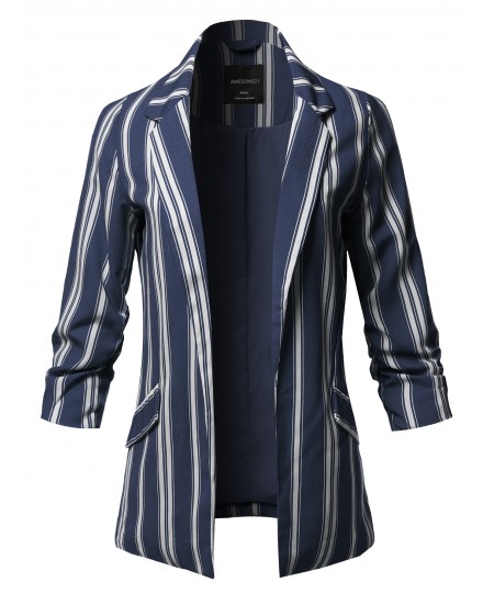 Women's Pinstripe 3/4 Sleeves Notched Collar Blazer Jacket