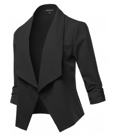 Women's Solid Open Front Draped Runched 3/4 Sleeve Casual Blazer