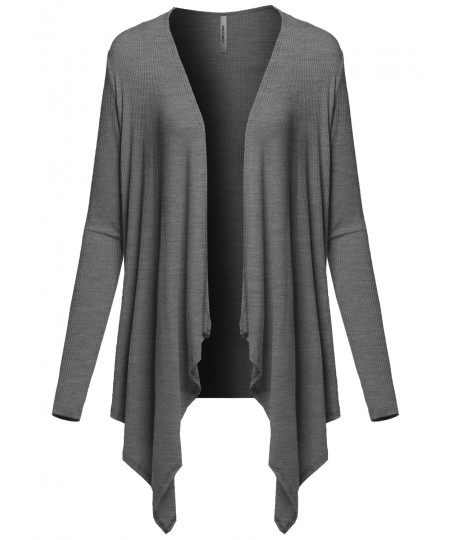 Women's Casual Solid Ribbed Open Front Long Sleeve Knit Cardigan