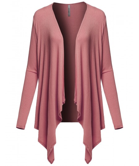Women's Casual Solid Ribbed Open Front Long Sleeve Knit Cardigan
