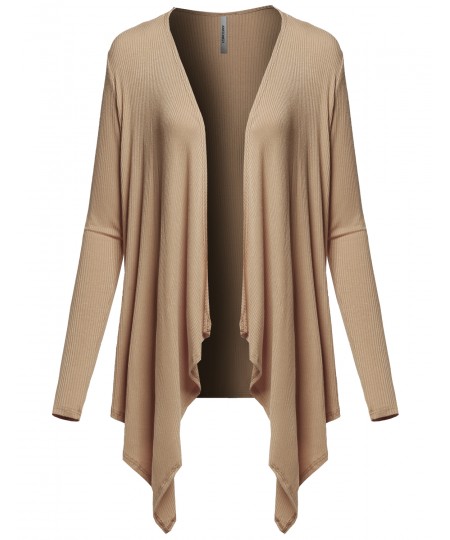 Women's Casual Solid Ribbed Open Front Long Sleeve Knit Cardigan