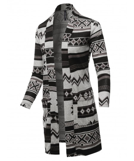 Women's Casual Solid and Print Long Length Knit Cardigan