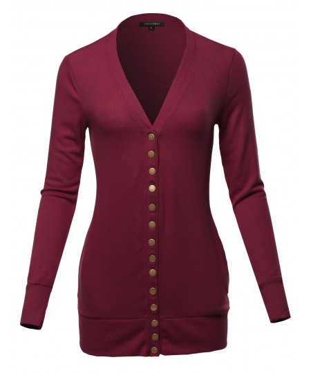 Women's Classic Snap Button Front V- Neck Knit Cardigan