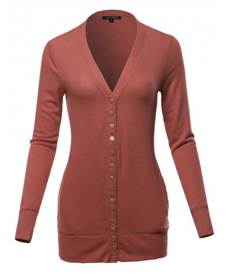 Women's Classic Snap Button Front V- Neck Knit Cardigan