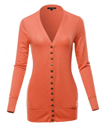 Women's Classic Snap Button Front V- Neck Knit Cardigan