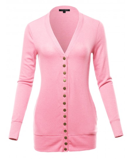 Women's Classic Snap Button Front V- Neck Knit Cardigan