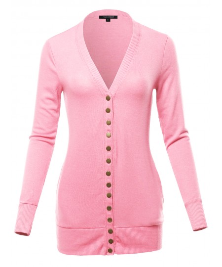 Women's Classic Snap Button Front V- Neck Knit Cardigan