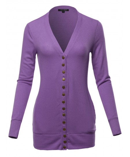 Women's Classic Snap Button Front V- Neck Knit Cardigan