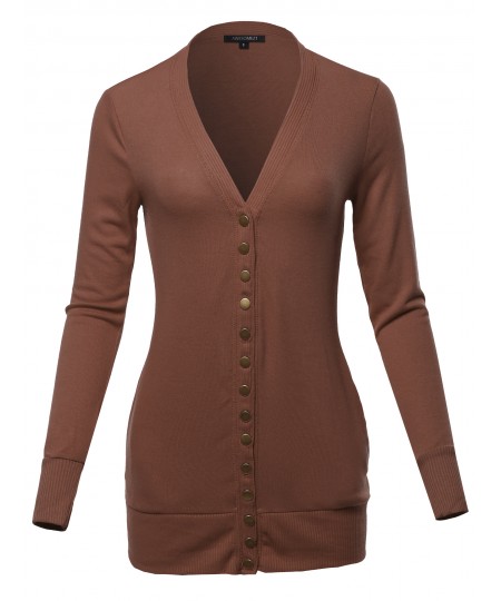 Women's Classic Snap Button Front V- Neck Knit Cardigan