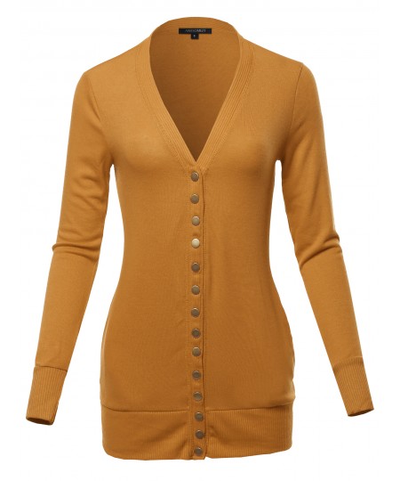 Women's Classic Snap Button Front V- Neck Knit Cardigan