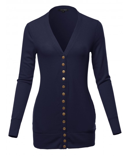 Women's Classic Snap Button Front V- Neck Knit Cardigan