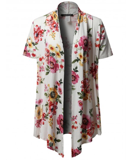 Women's Open Front Short Sleeves Floral Print Cardigan - Made in USA