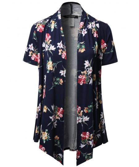 Women's Open Front Short Sleeves Floral Print Cardigan - Made in USA